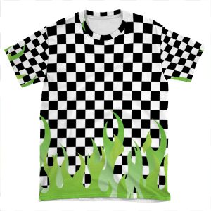 Green Flames Checkerboard AOP T-shirt Tee