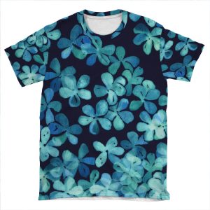 Hand Painted Floral Pattern In Teal & Navy Blue AOP T-shirt Tee
