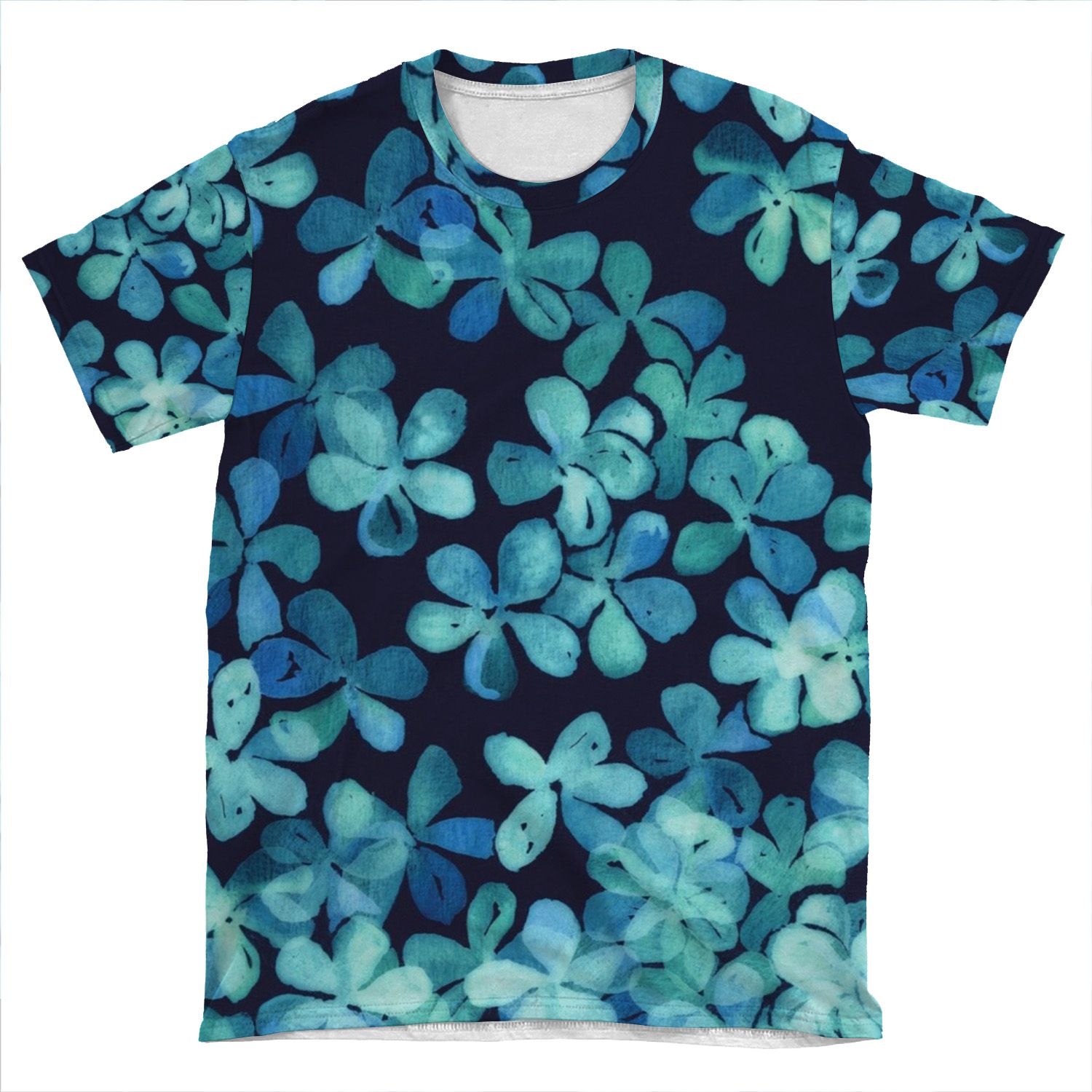 Hand Painted Floral Pattern In Teal & Navy Blue AOP T-shirt Tee