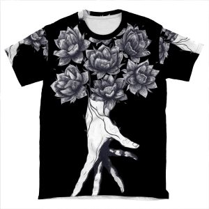 Hand With Lotuses On Black AOP T-shirt Tee