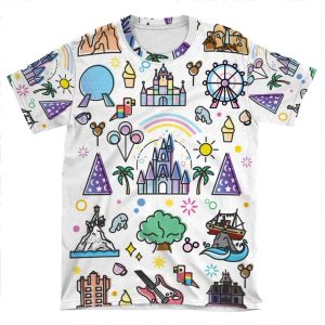 Happiest Place On Earth Collection. It's A Small World, Haunted Mansion, Princess Castle, Manatee, Ferris Wheel Theme Park. AOP T-shirt Tee