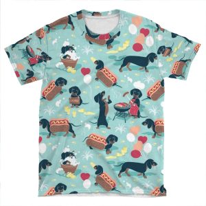 Hot Dogs And Lemonade // Aqua Green Background Navy And Brown Dachshunds AOP T-shirt Tee