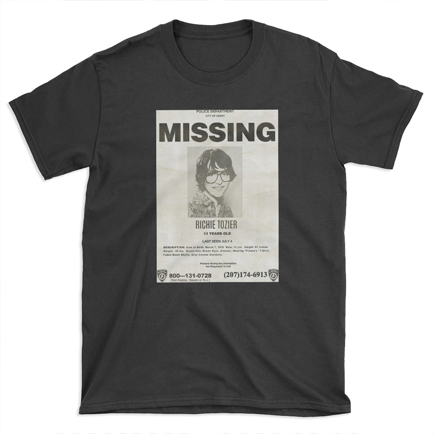 IT RICHIE TOZIER FINN WOLFHARD MISSING POSTER T-shirt Tee