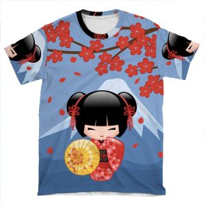 Japanese Red Sakura Kokeshi Doll AOP T-shirt Tee