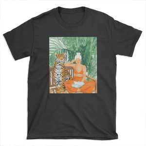 Jungle Vacay, Tropical Nature Painting, Woman & Wildlife, Tiger Cheetah Palms Illustration, Wild Cat Blonde Fashion T-shirt Tee