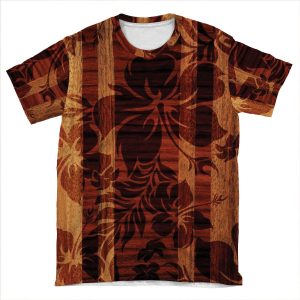 Keokea Beach Faux Wood Hawaiian Surfboard AOP T-shirt Tee