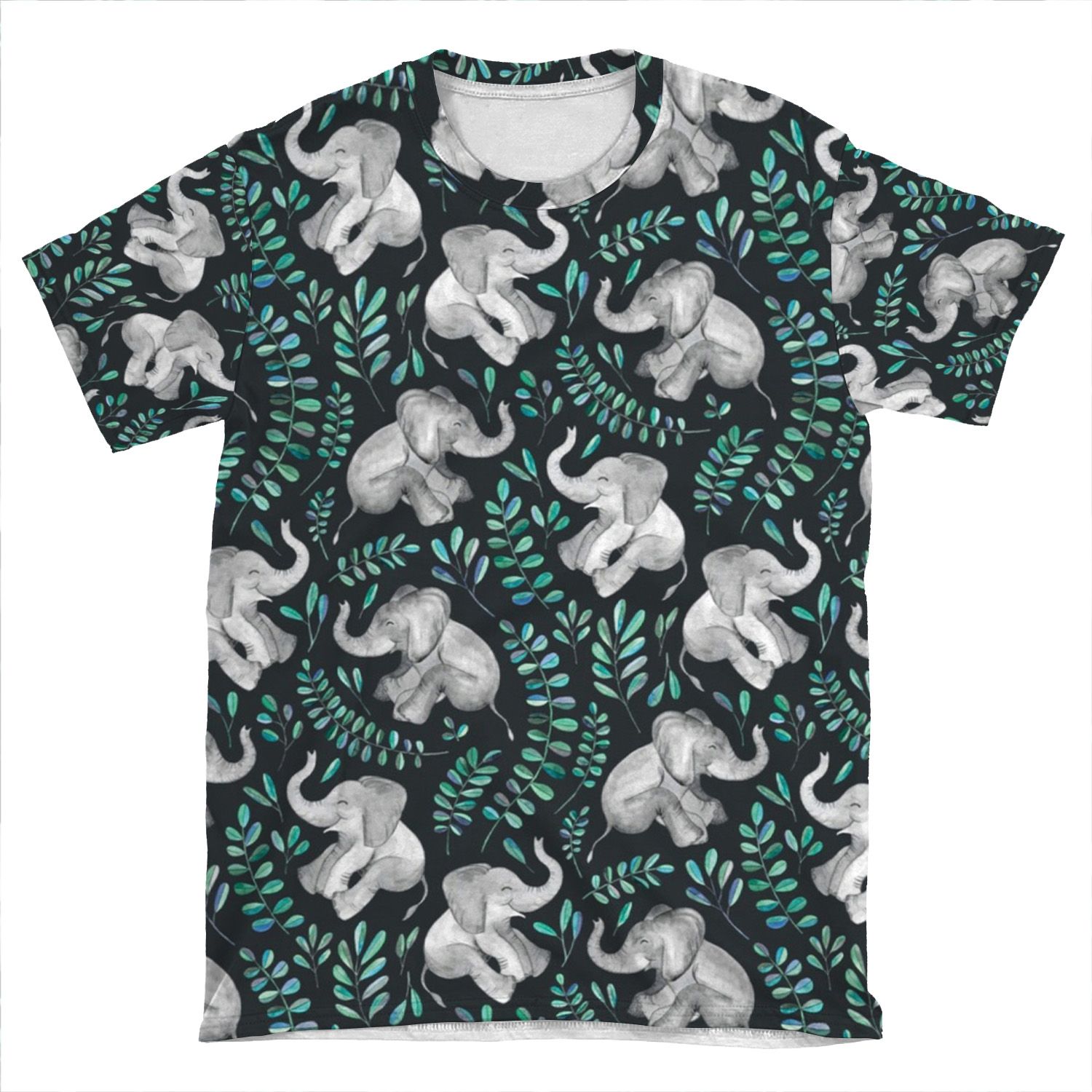 Laughing Baby Elephants & Emerald And Turquoise AOP T-shirt Tee