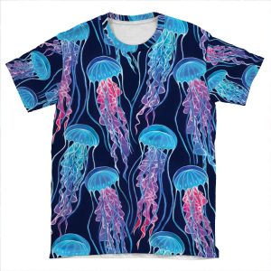 Luminescent Rainbow Jellyfish On Navy Blue AOP T-shirt Tee
