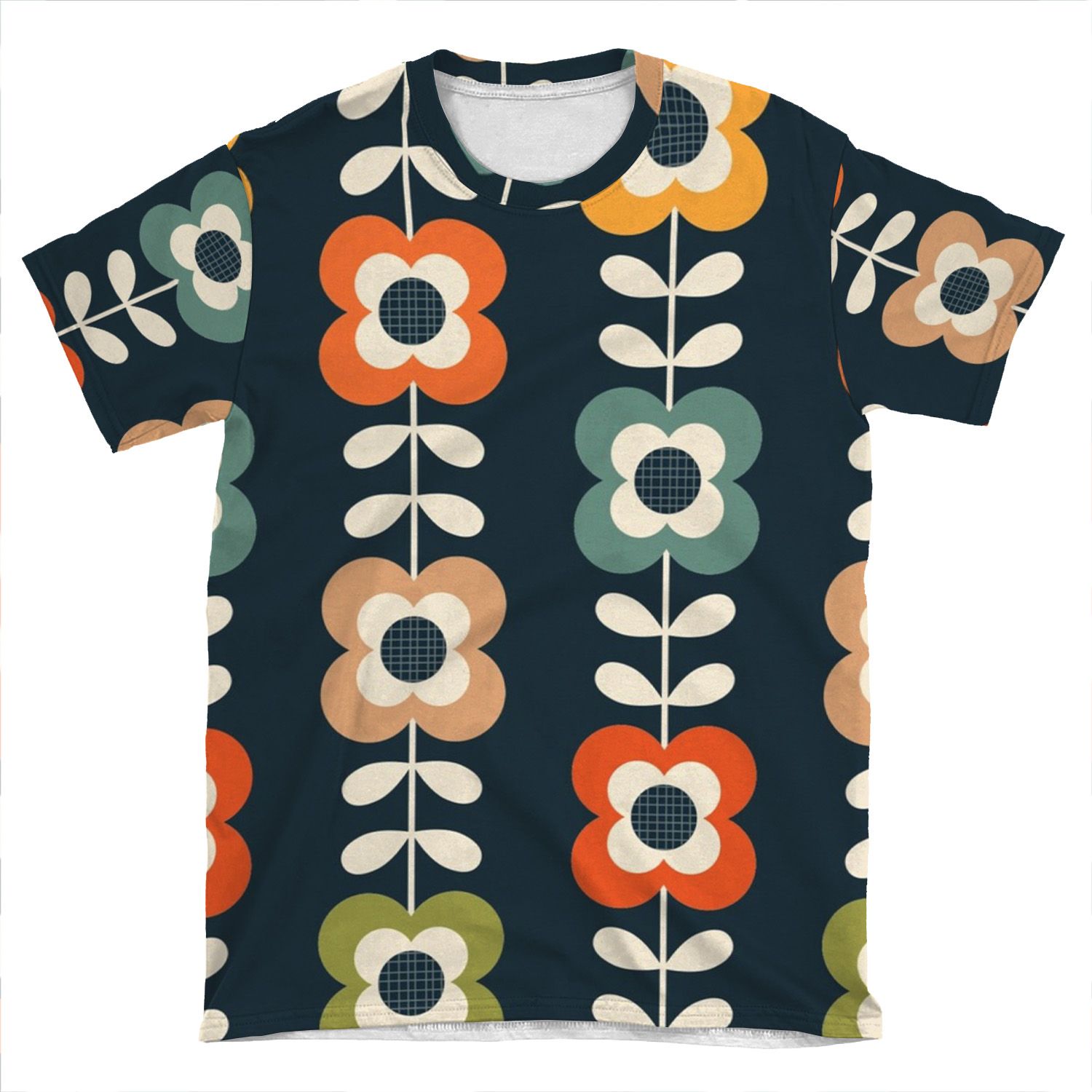 Mod Flowers In Retro Colors On Charcoal AOP T-shirt Tee