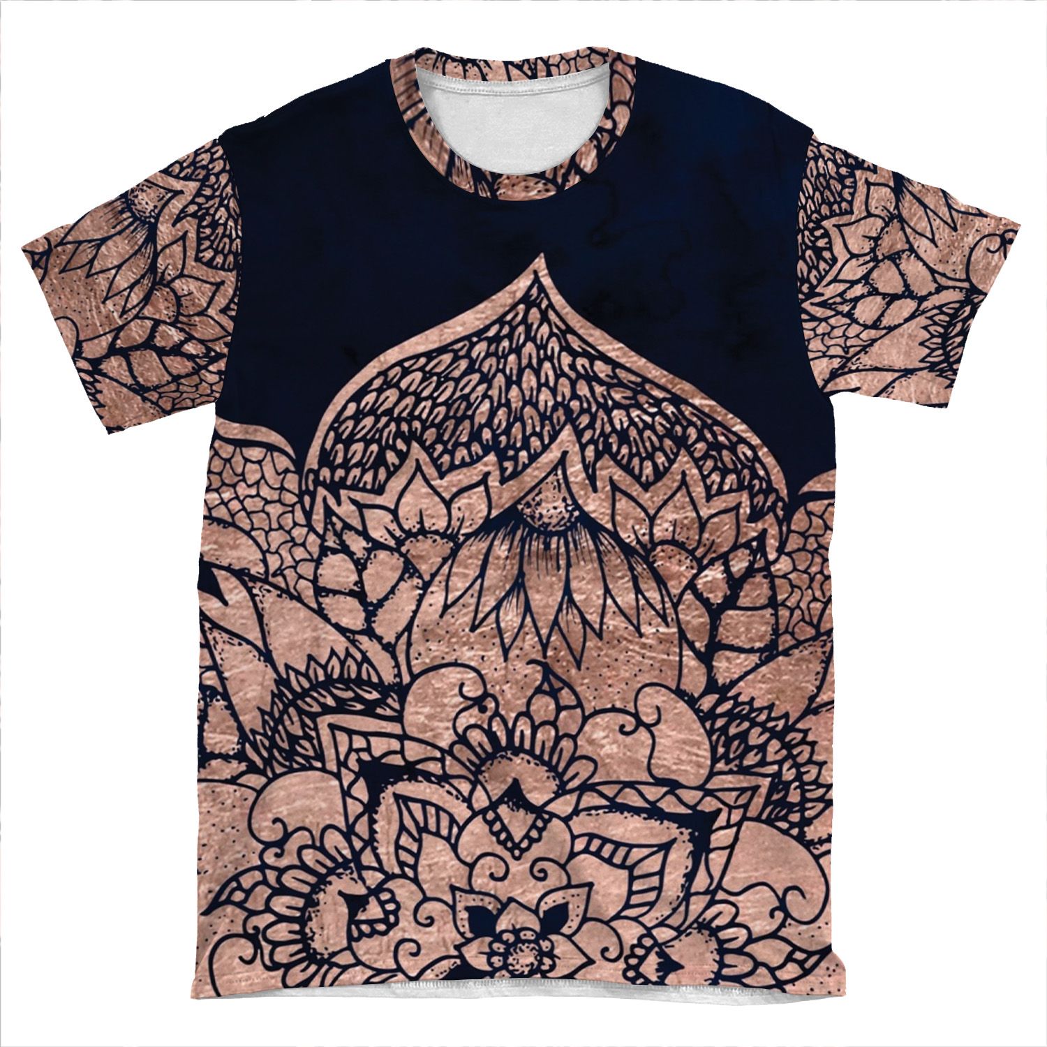 Modern Boho Rose Gold Floral Mandala Watercolor AOP T-shirt Tee