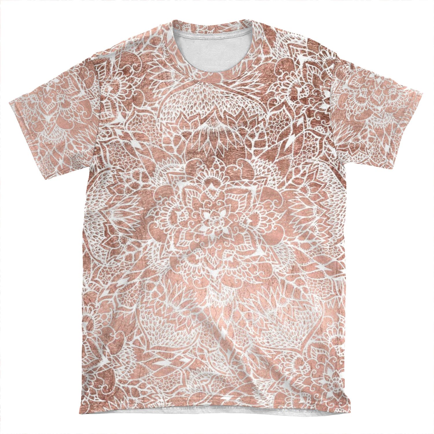 Modern Faux Rose Gold Floral Mandala Hand Drawn AOP T-shirt Tee
