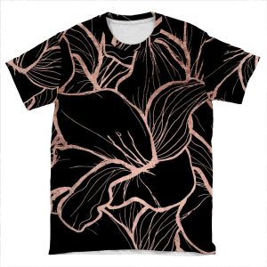 Modern Rose Gold Abstract Handdrawn Floral Pattern On Black AOP T-shirt Tee