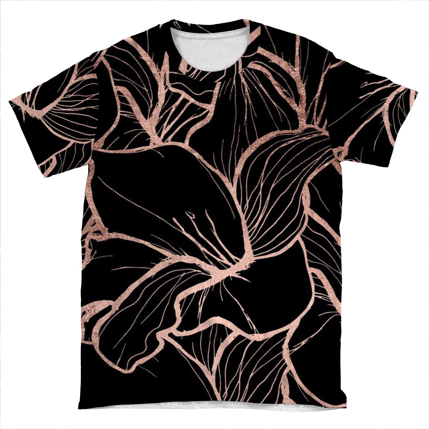 Modern Rose Gold Abstract Handdrawn Floral Pattern On Black AOP T-shirt Tee