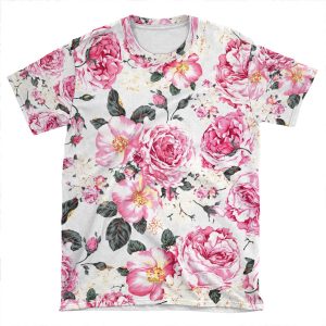 Modern Vintage Pink Black Roses Floral Pattern AOP T-shirt Tee