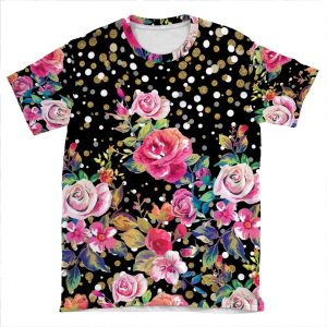 Modern Watercolor Spring Floral And Gold Dots Pattern AOP T-shirt Tee
