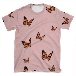 Monarch Butterflies With Pink Background AOP T-shirt Tee