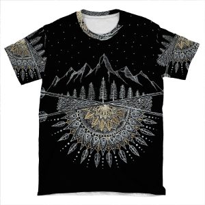 Moon And Stars Night Sky Mountain Range Arrow Mandala AOP T-shirt Tee
