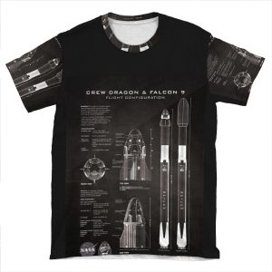 Nasa Spacex Crew Dragon Spacecraft & Falcon 9 Rocket Blueprint In High Resolution (Black) AOP T-shirt Tee