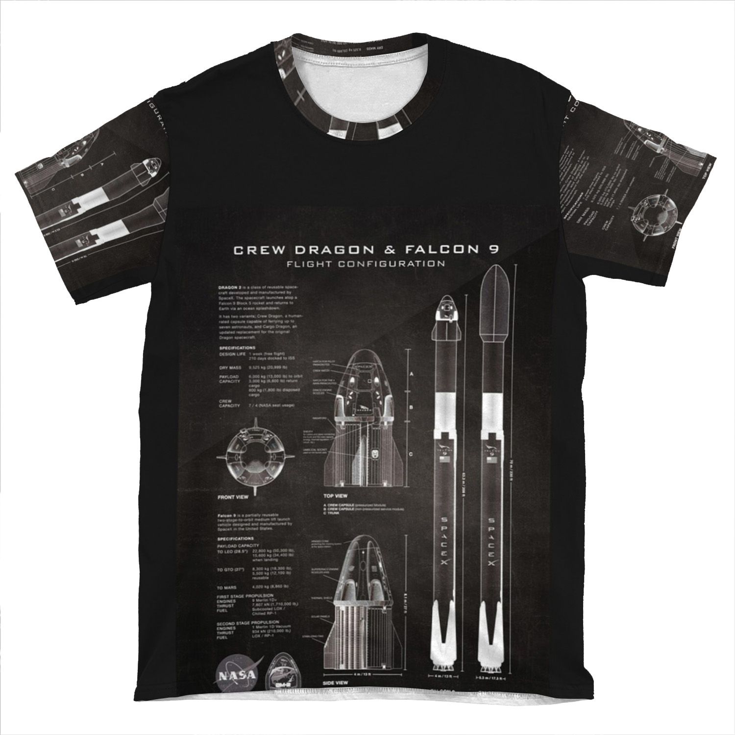 Nasa Spacex Crew Dragon Spacecraft & Falcon 9 Rocket Blueprint In High Resolution (Black) AOP T-shirt Tee