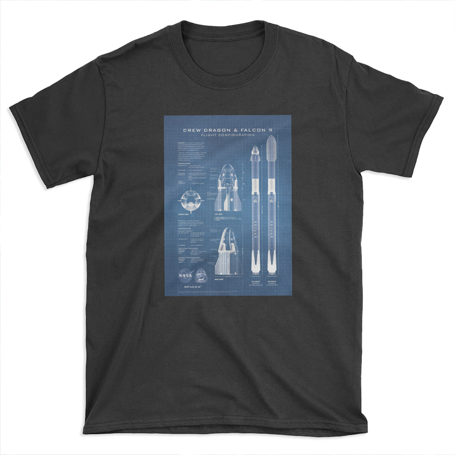 NASA SpaceX Crew Dragon Spacecraft & Falcon 9 Rocket Blueprint in High Resolution (light blue) T-shirt Tee