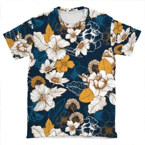 Navy And Gold Peony And Blossom Seamless Pattern AOP T-shirt Tee