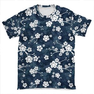 Navy And White Cherry Blossom Pattern AOP T-shirt Tee