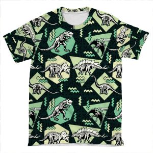 Neon Skeleton Dinosaur Pattern AOP T-shirt Tee
