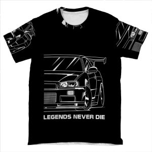 Nissan Skyline Gtr R34, Bnr34, Jdm, Legends Never Die, Car Lover, Car Guy, Car Fan, Car Enthusiast, Gearhead, Petrolhead, Jdm Lover Gift AOP T-shirt Tee