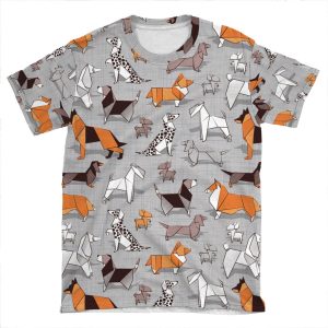 Origami Doggie Friends // Grey Linen Texture Background AOP T-shirt Tee