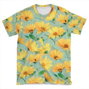 Painted Golden Yellow Daisies On Soft Sage Green AOP T-shirt Tee