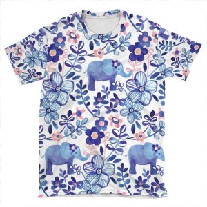 Pale Coral, White And Purple Elephant And Floral Watercolor Pattern AOP T-shirt Tee