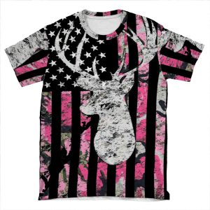 Pink Camouflage Flag Deer Hunting AOP T-shirt Tee