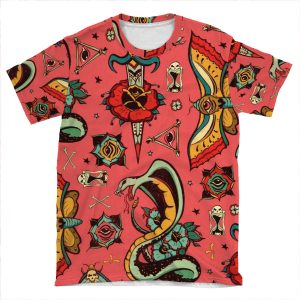 Pink Flash Tattoo Pattern AOP T-shirt Tee