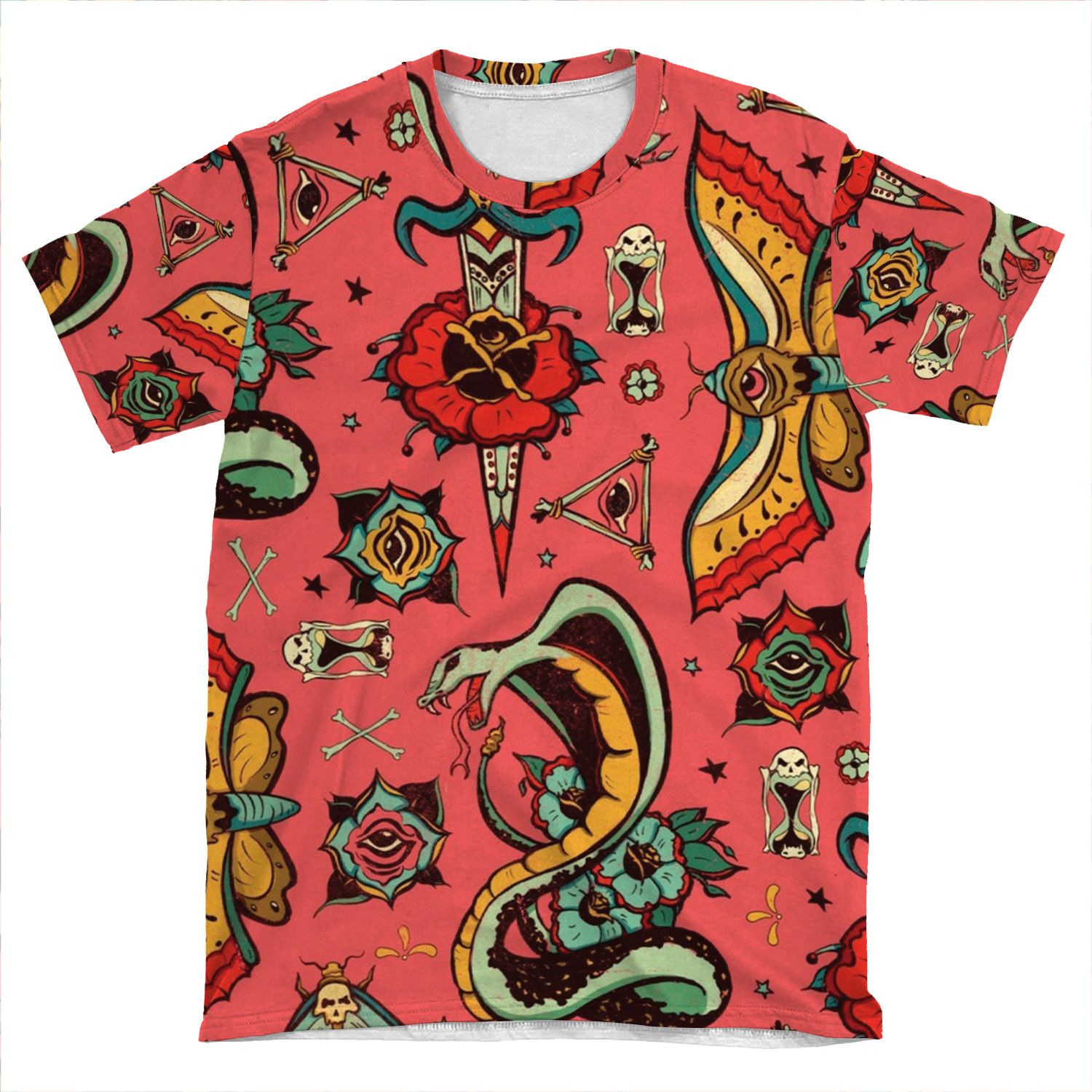 Pink Flash Tattoo Pattern AOP T-shirt Tee