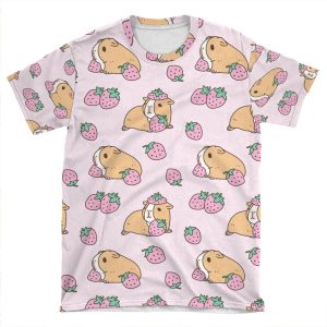 Pink Guinea Pig And Strawberry Pattern AOP T-shirt Tee