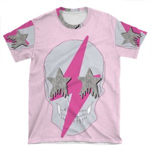 Pink Lightning Bolt Glittery Star Eyed Skull AOP T-shirt Tee
