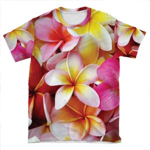 Plumeria Pink White Frangipani Tropical Hawaiian Flower Floral Fine Art AOP T-shirt Tee