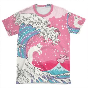 Psychodelic Bubblegum Kunagawa Surfer Cat AOP T-shirt Tee