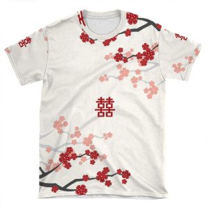 Red Oriental Cherry Blossoms On Ivory And Chinese Wedding Double Happiness | Japanese Sakura AOP T-shirt Tee