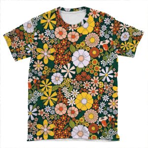 Retro 70S Green Flower Pattern AOP T-shirt Tee