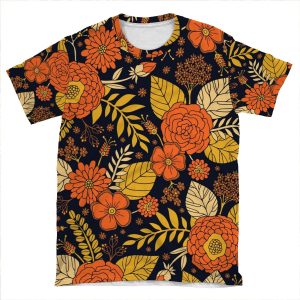 Retro Orange, Yellow, Brown, & Navy Floral Pattern AOP T-shirt Tee