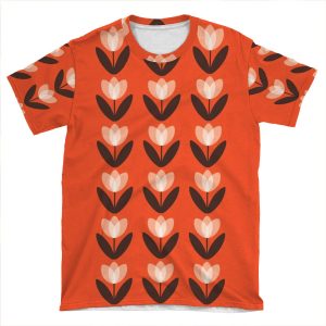 Retro Tulip Pattern In Coral Red AOP T-shirt Tee