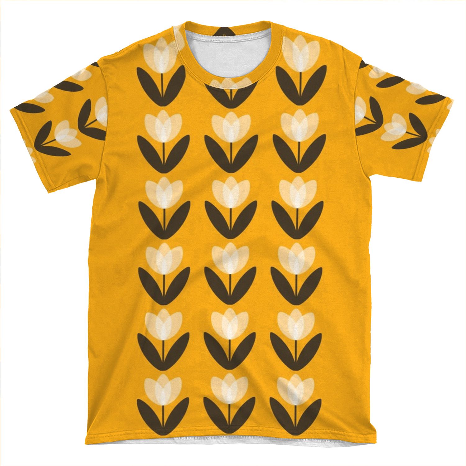 Retro Tulip Pattern In Mustard Yellow AOP T-shirt Tee