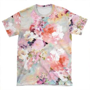 Romantic Pink Teal Watercolor Chic Floral Pattern AOP T-shirt Tee