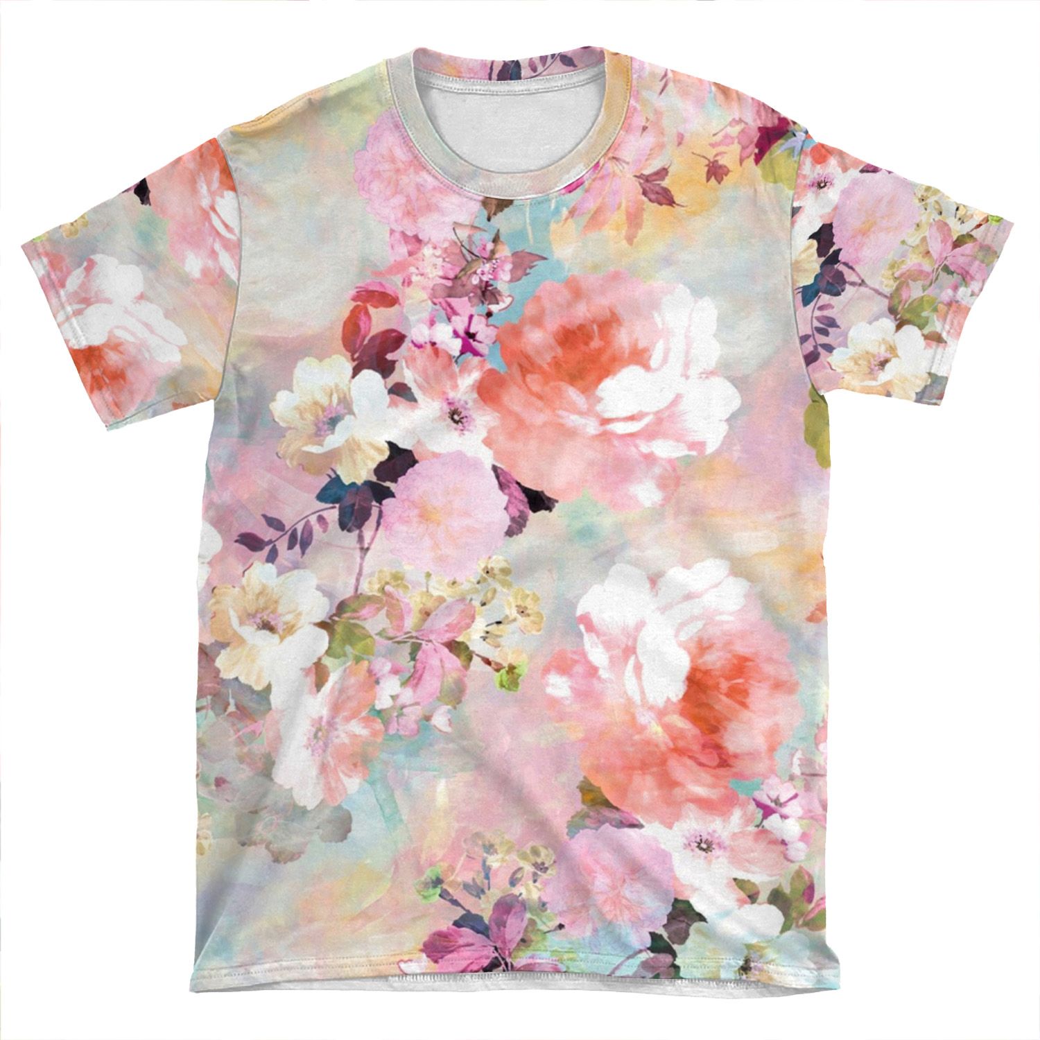 Romantic Pink Teal Watercolor Chic Floral Pattern AOP T-shirt Tee