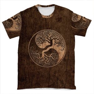 Rough Wood Grain Effect Tree Of Life Yin Yang AOP T-shirt Tee