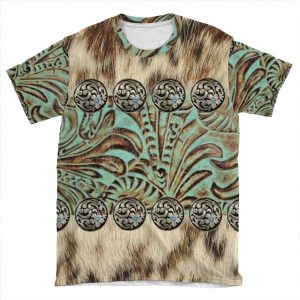 Rustic Brown Cowhide Teal Western Country Tooled Leather AOP T-shirt Tee