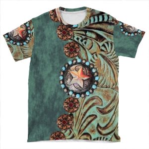 Rustic Cowboy Cowgirl Western Country Green Teal Leather AOP T-shirt Tee