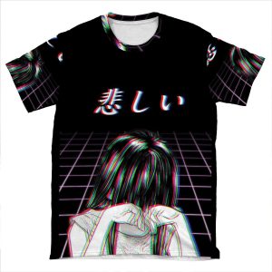 Sad Japanese Manga Aesthetic W/ Background AOP T-shirt Tee