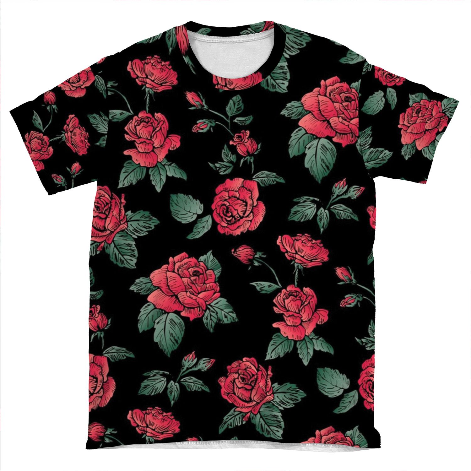 Scattered Red Roses On Black AOP T-shirt Tee